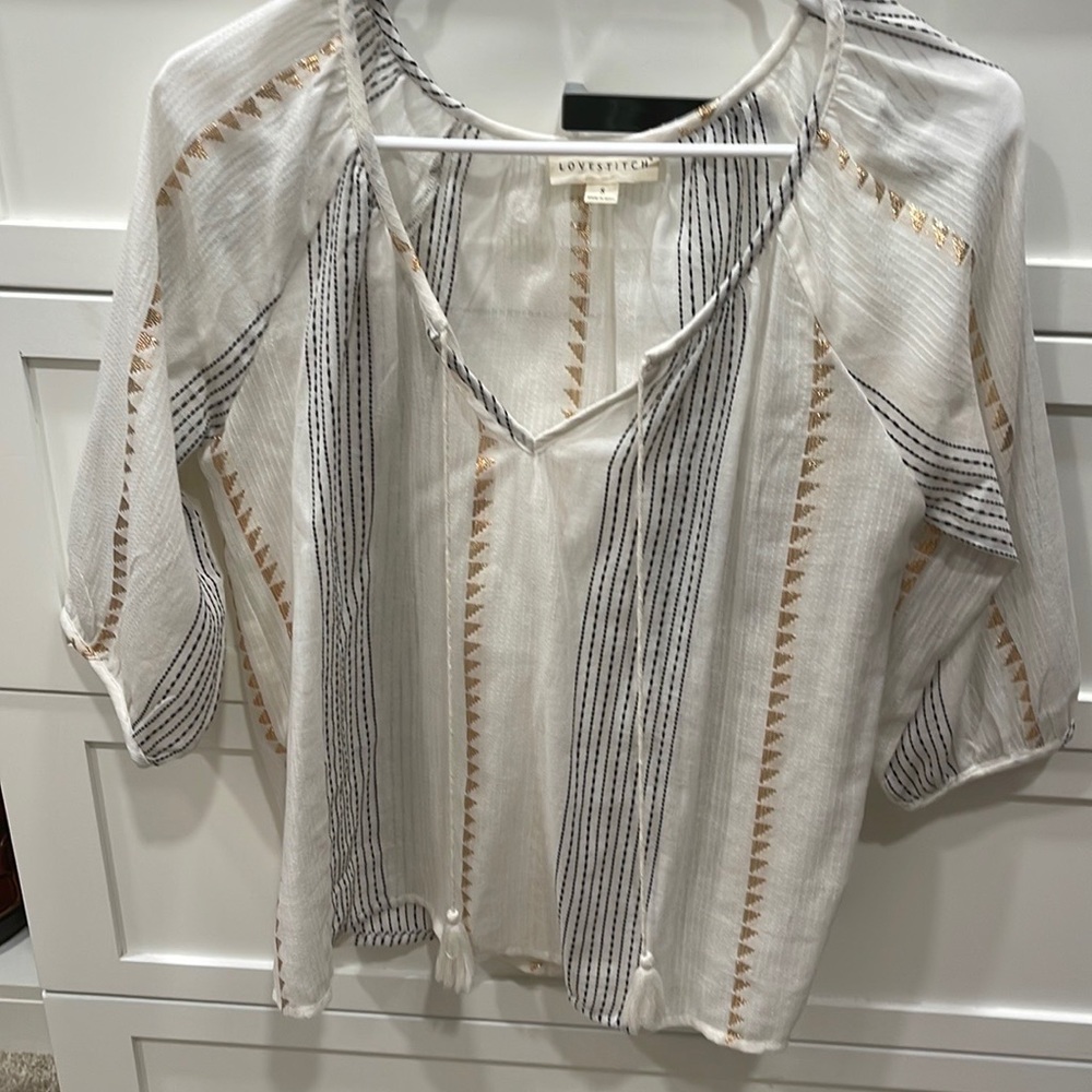 Love stitch, womens small black and gold blouse